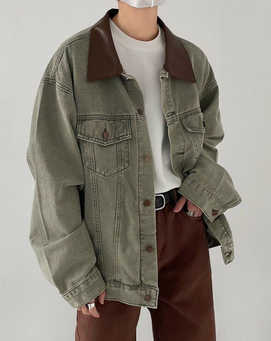 Collar Leather Denim Jacket
