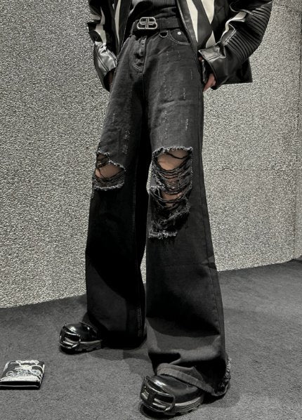 Damage wide denim pants