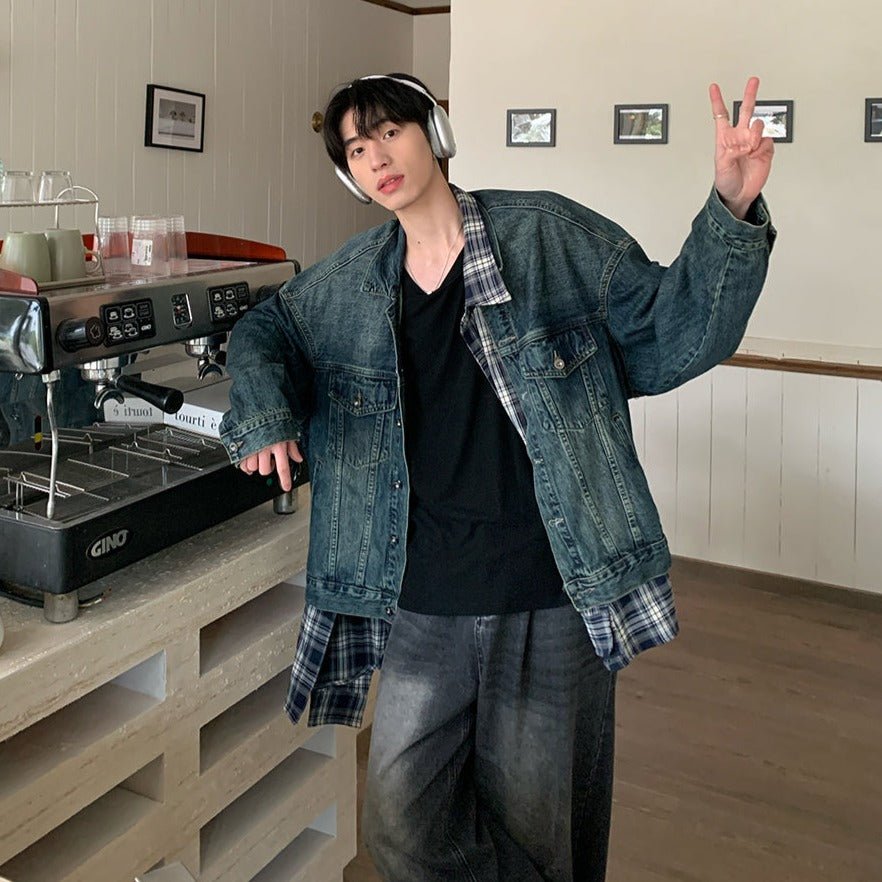 Fake layered check pattern denim jacket