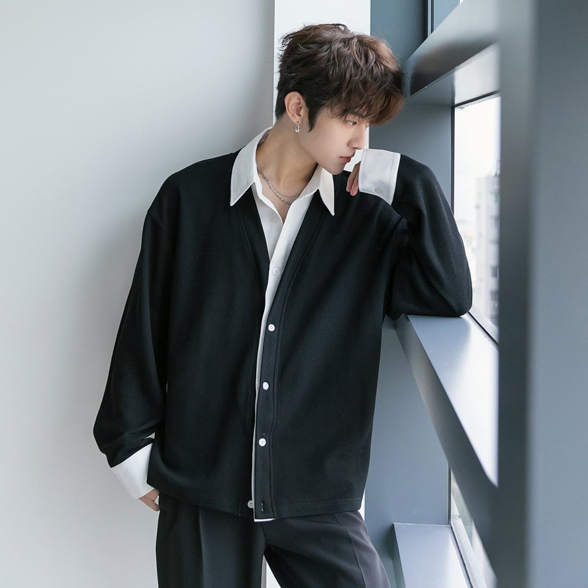 Fake layered shirt knit cardigan