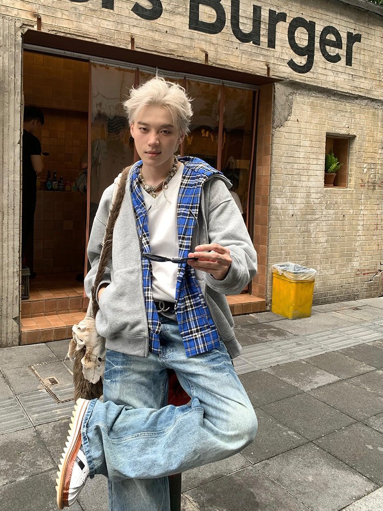 Faux two-piece checkered hoodie