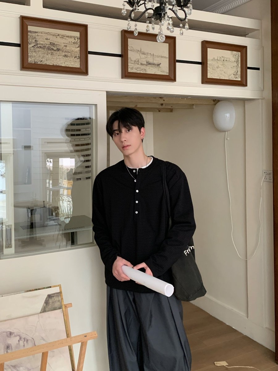 Henry collar striped long sleeve T-shirt