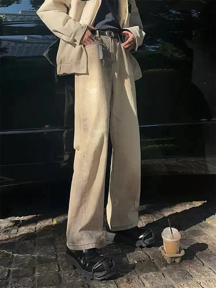 Washed straight denim pants