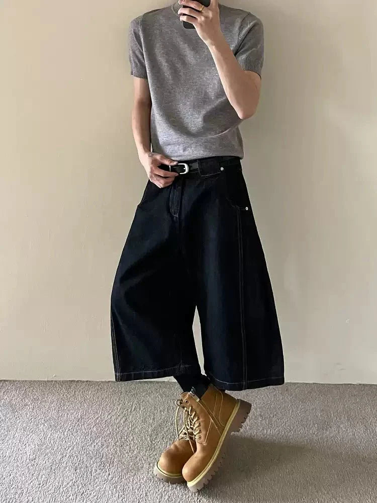 Wide short denim pants